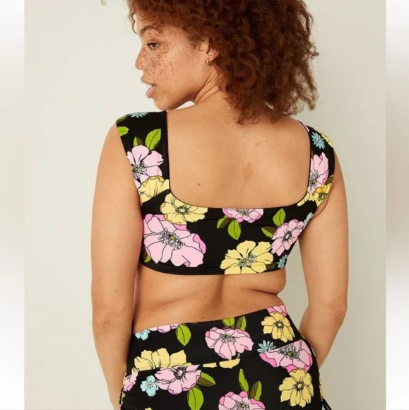 PINK 4 Way Reversible Cap Sleeve Bikini Top in Floral Black, Size Large - Picture 2 of 8